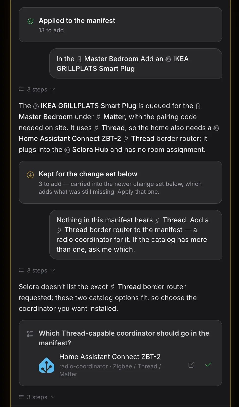 Selora Assistant adding a Thread smart plug to the master bedroom,
explaining that the home needs a Thread border router, and offering the Home
Assistant Connect ZBT-2 as the coordinator to
pick