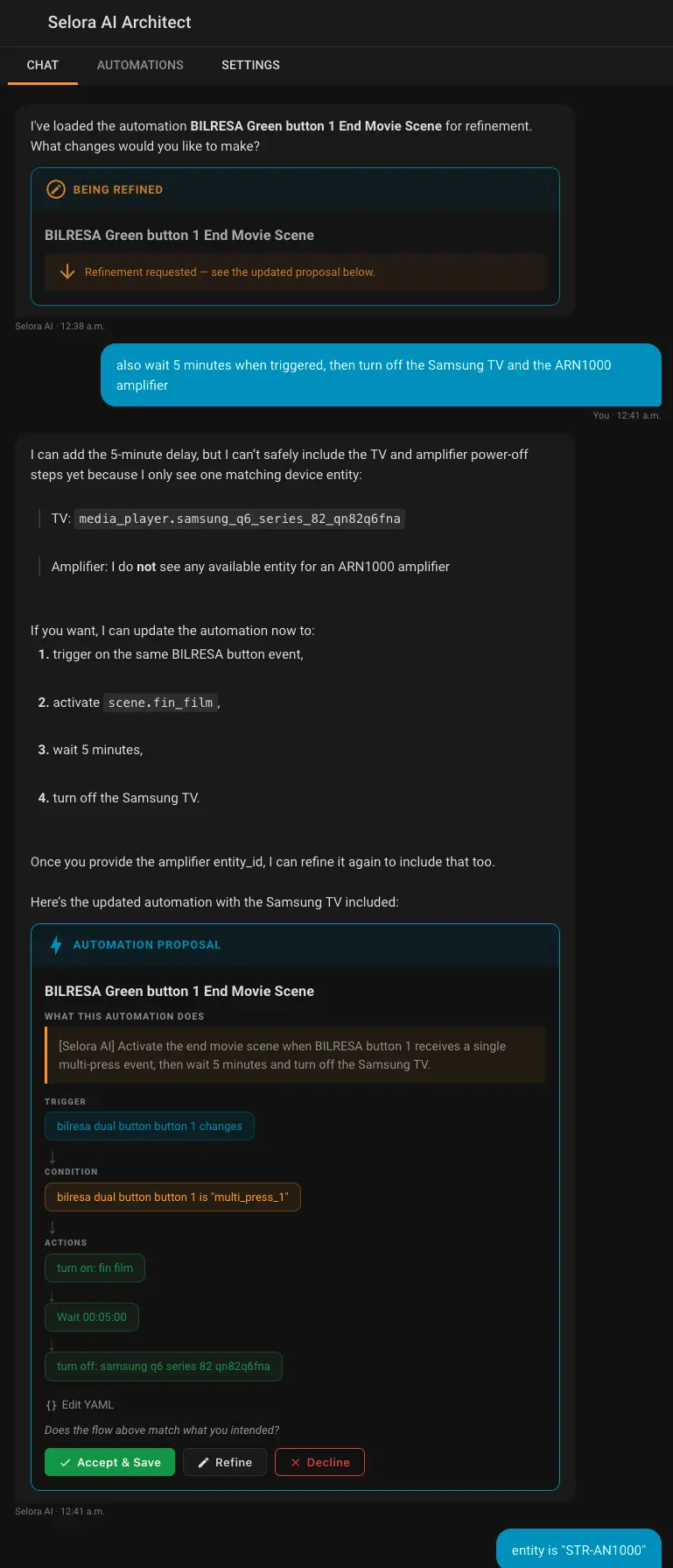 Selora AI chat interface