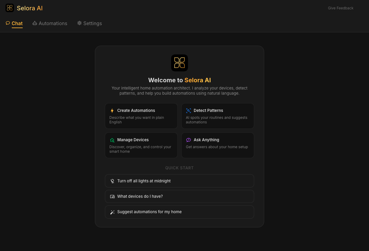 Selora AI Chat interface