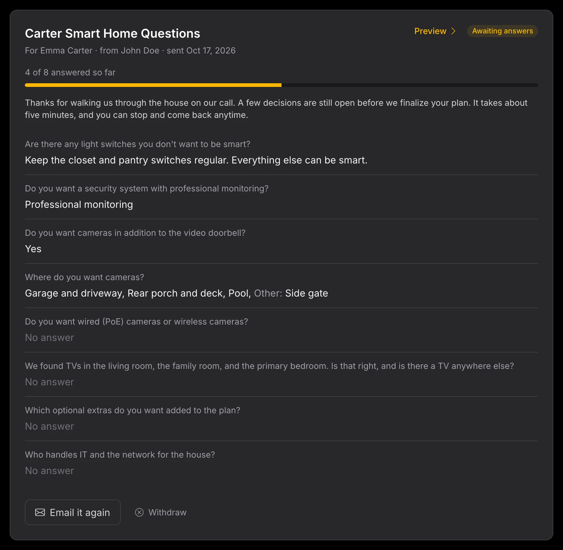 A sent questionnaire in Selora Connect with four of eight questions
answered, including an Other answer, and buttons to email it again or
withdraw it