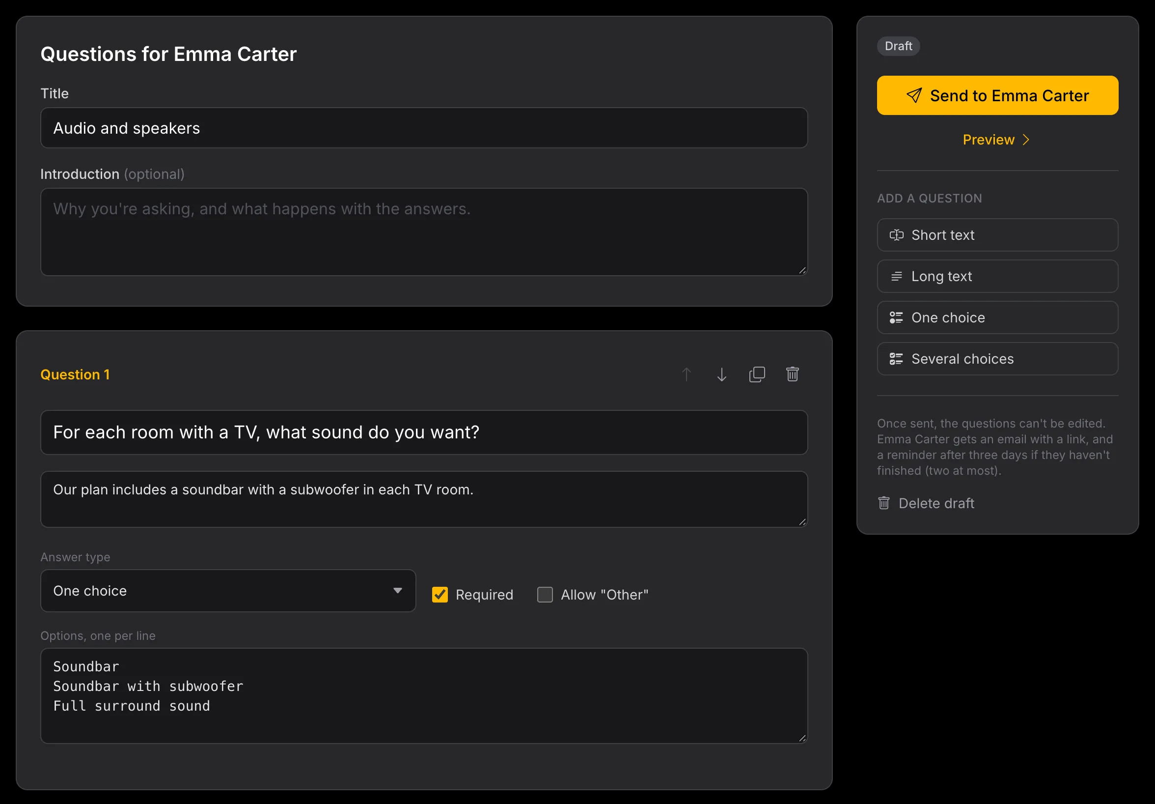 The questionnaire editor in Selora Connect: a title and introduction, a One
choice question with help text and three options, and a side panel to send,
preview, and add questions
