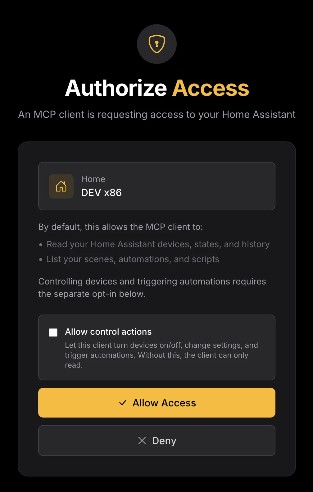 MCP authorize screen with a separate opt-in for control actions