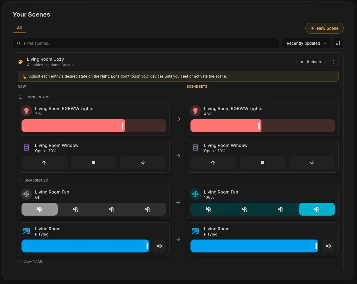 In-place scene editor showing current state next to the scene’s desired state