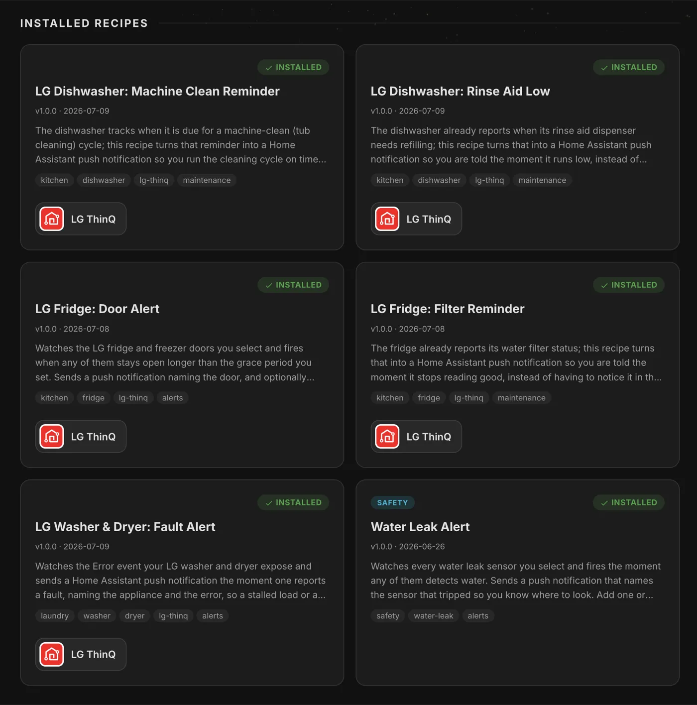 The Recipes catalog with vendor logos and installed packages grouped together