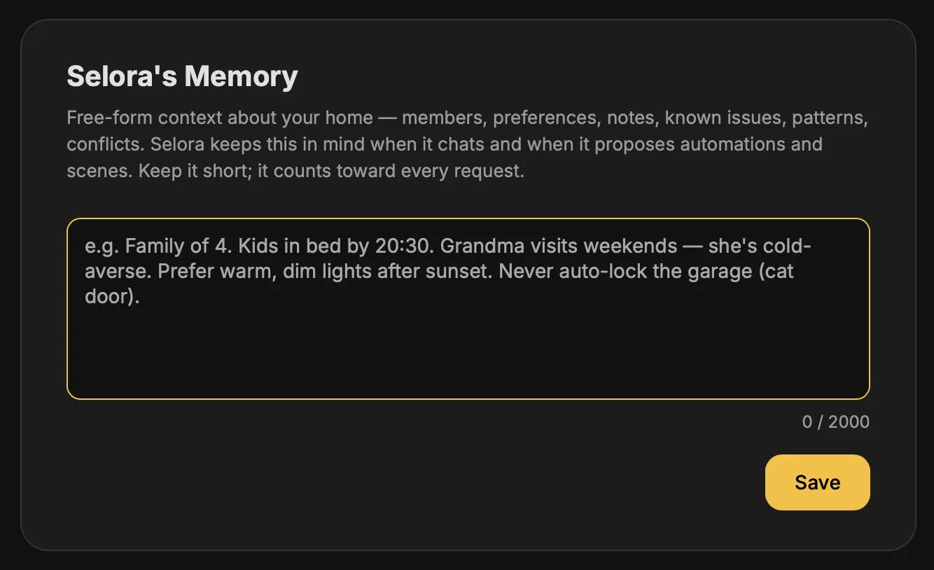 The Selora&rsquo;s Memory settings card