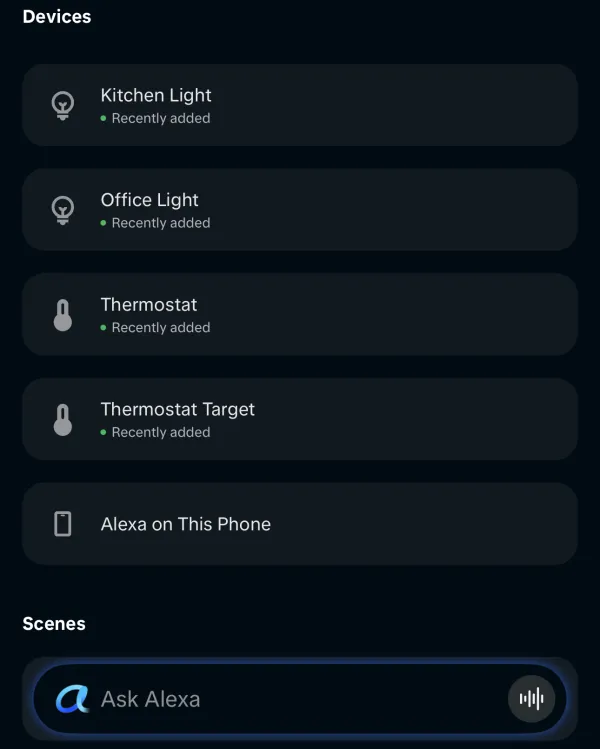 The Alexa app listing lights and a thermostat from Home Assistant,
discovered through the Selora skill