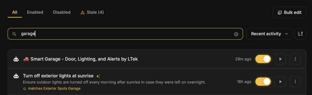Searching automations for “garage” also finds “Turn off exterior lights
at sunrise”, because it controls the Exterior Spots Garage
light