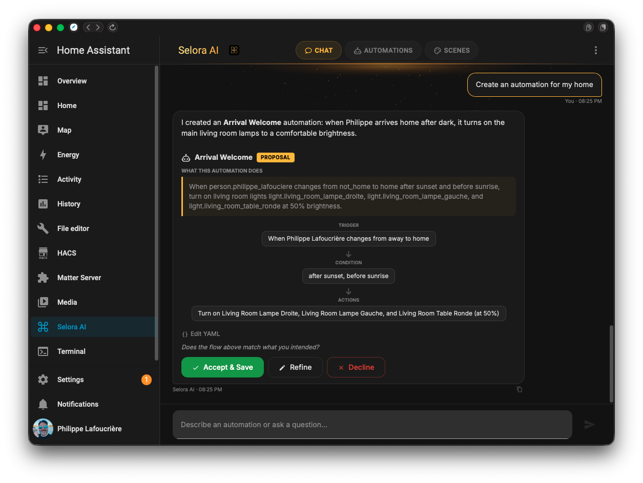 Accepting a suggestion in Selora AI chat