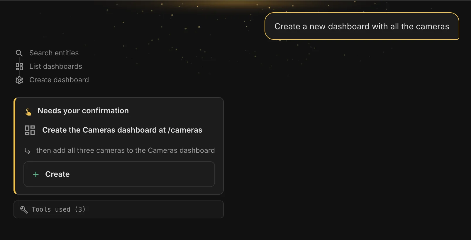 Selora AI planning to create a Cameras dashboard at /cameras and add all
three cameras to it, waiting for confirmation