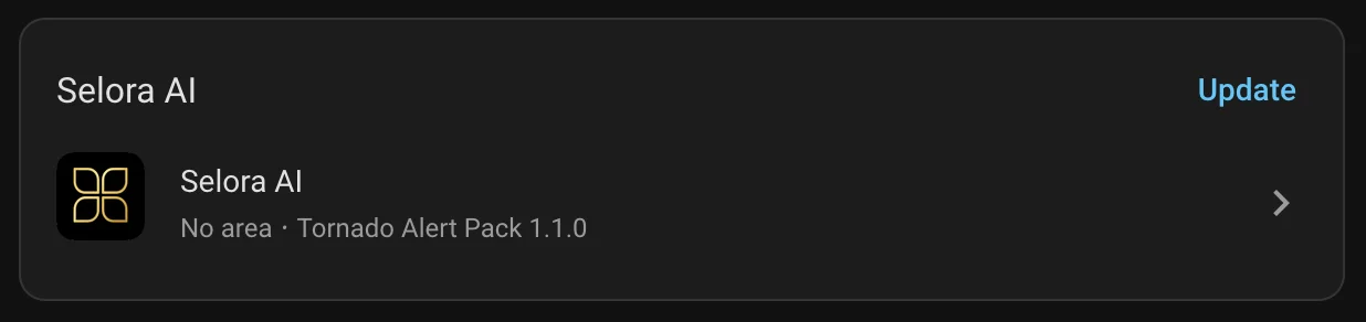 Settings → Updates in Home Assistant, showing an update for the Tornado
Alert Pack 1.1.0 recipe from Selora AI