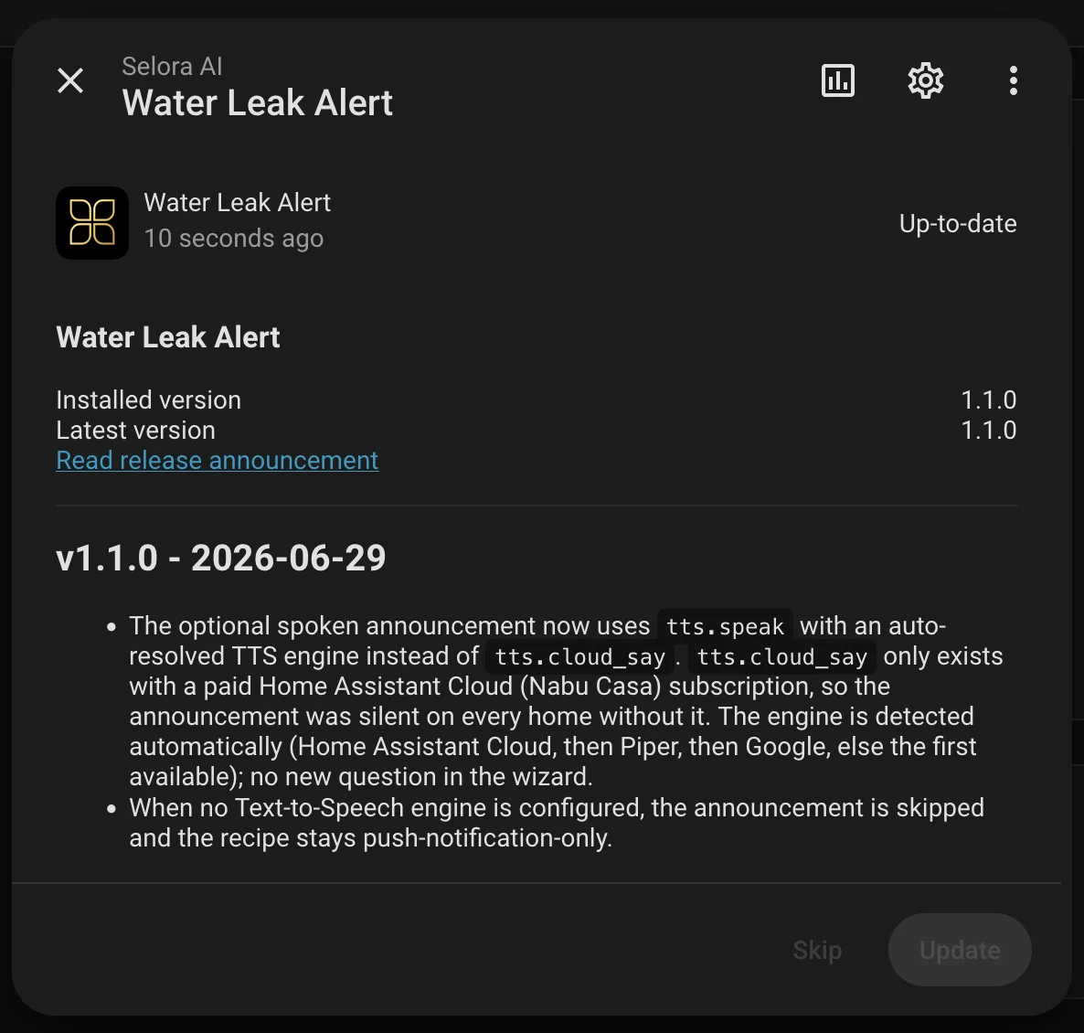 The update dialog for the Water Leak Alert recipe, now on version 1.1.0,
with its release notes