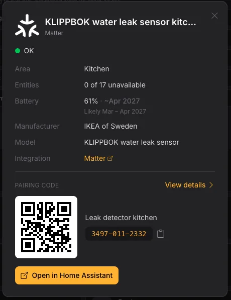 A KLIPPBOK water leak sensor in the kitchen, in Selora Connect: battery
at 61%, expected to run out around April 2027, likely between March and
April 2027