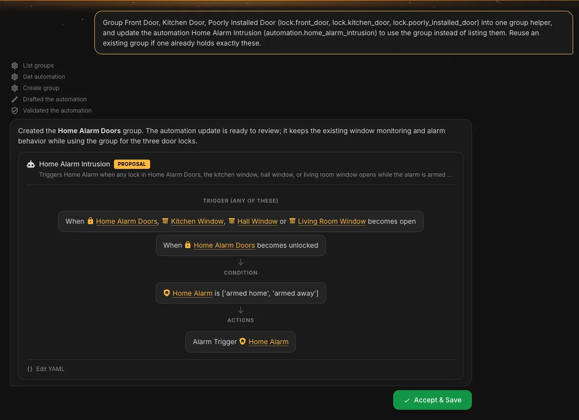 Selora AI creating the Home Alarm Doors group from three door locks, and
proposing the Home Alarm Intrusion automation with the group as its
trigger, ready to Accept and Save
