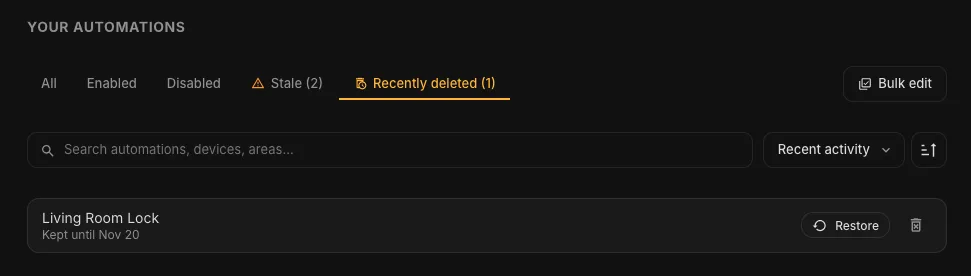 The Recently deleted tab on the Automations page, listing the Living
Room Lock automation, kept until Nov 20, with a Restore
button