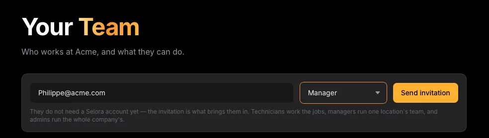 The invitation form on the Team page in Selora Connect: an email address,
a role picker set to Manager, and a Send invitation button