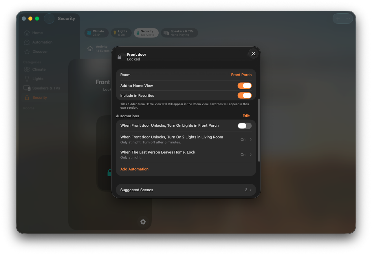 Screenshot of Apple Home device configuration