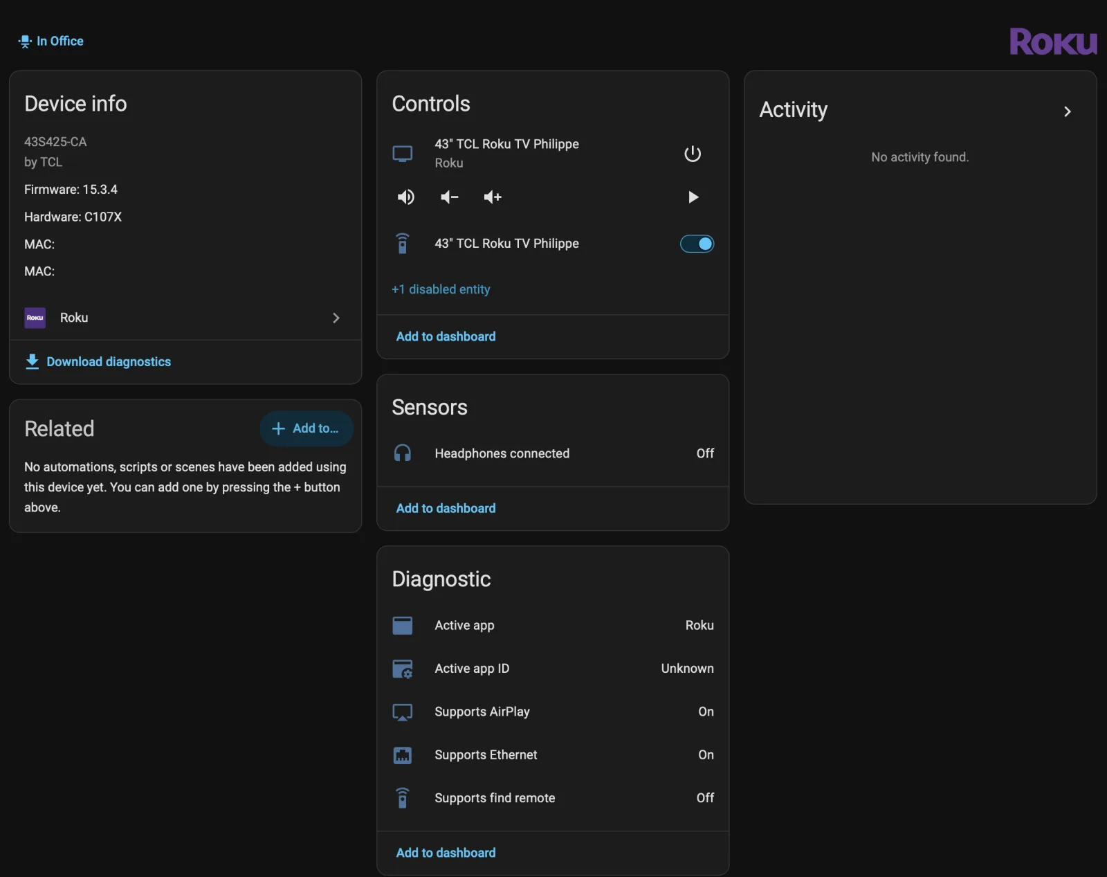 The TCL 43S425-CA device page in Home Assistant, with a media player and a remote under Controls, a Headphones connected sensor, and diagnostic entities for the active app, AirPlay, Ethernet and find remote support