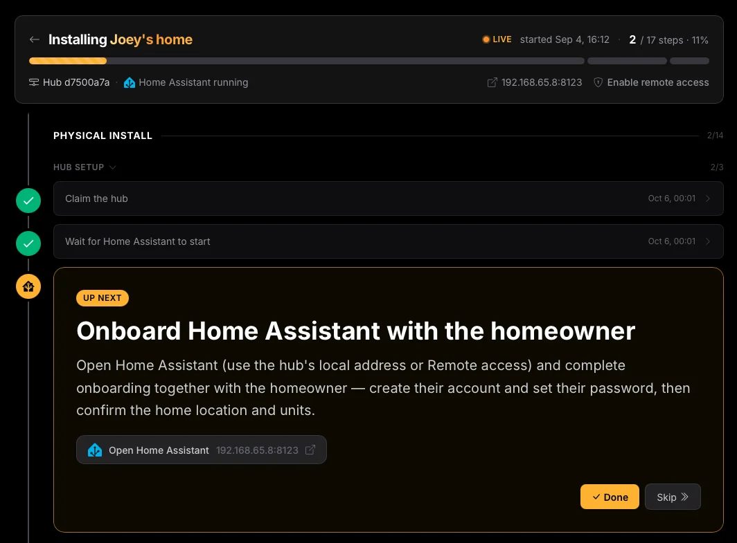 The console header with Home Assistant running, the hub’s local address, and Enable remote
access