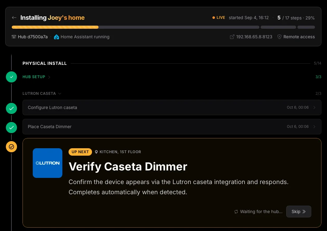 Install Caseta Dimmer waiting for Home Assistant to find it, completing automatically when the dimmer
responds