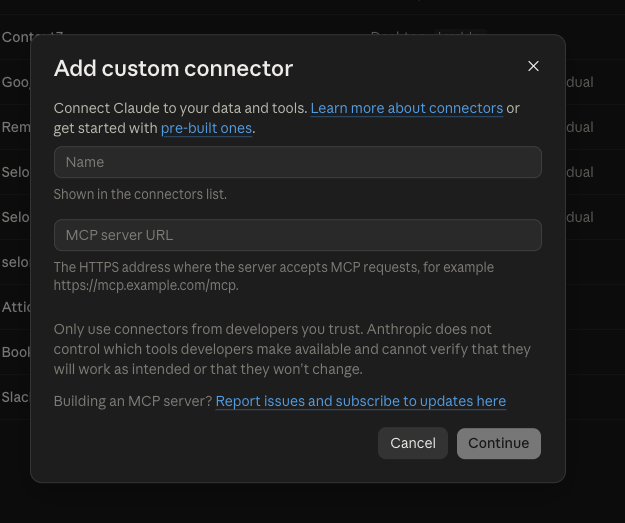 Claude’s Add custom connector form