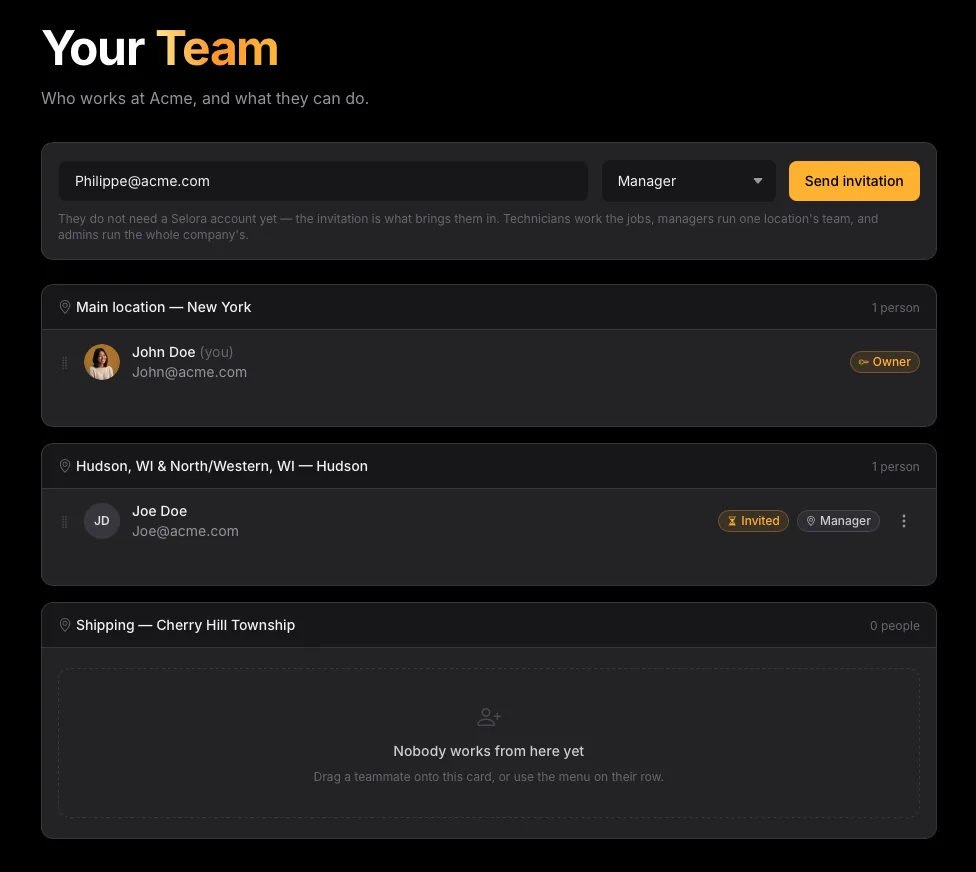 The Team page grouped by location, with one person at Main location, an invited manager at Hudson, and an empty Shipping branch inviting a drag
