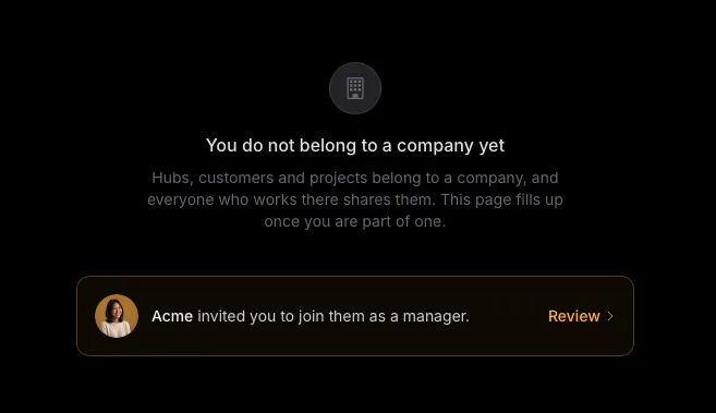 A signed-in installer who belongs to no company yet, shown an invitation from Acme to join them as a manager