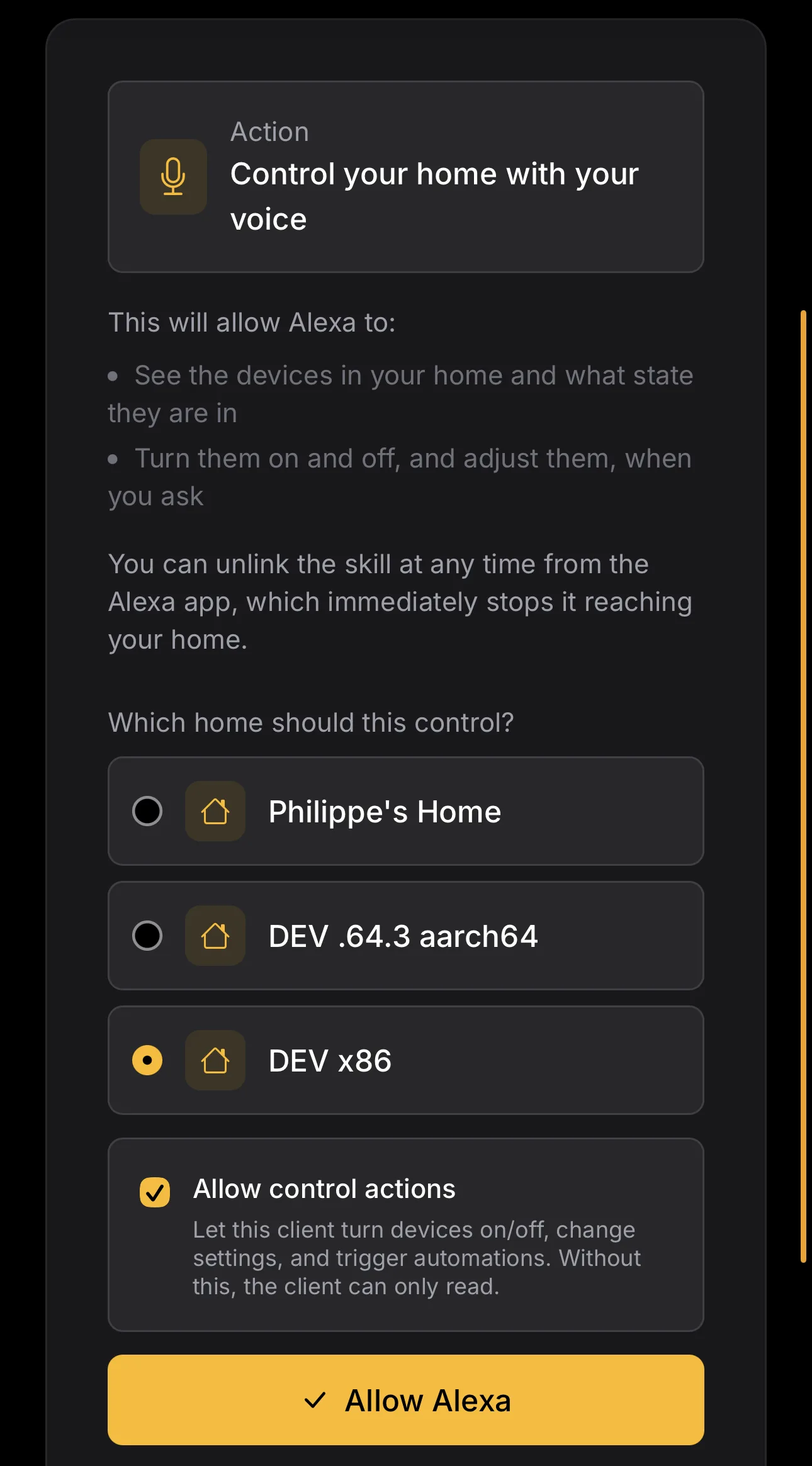 The Selora account linking screen in the Alexa app
