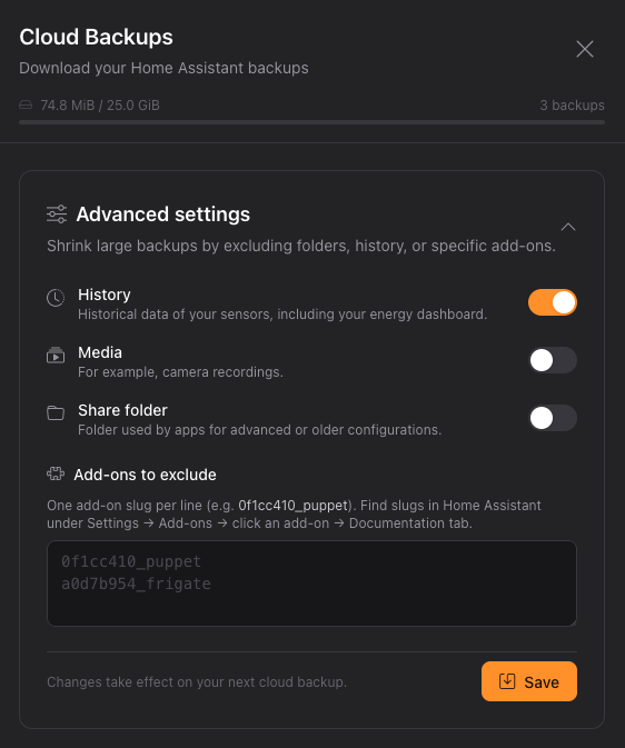 Advanced settings for Cloud Backups