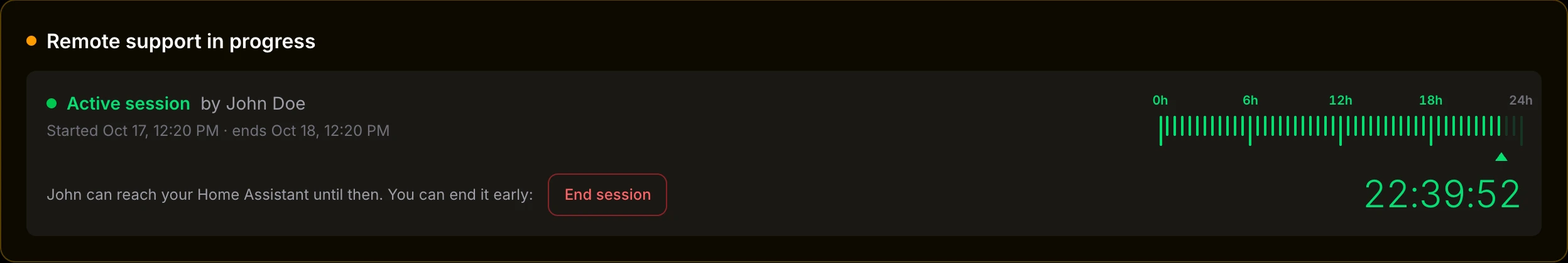Remote support in progress, with the time left and End session