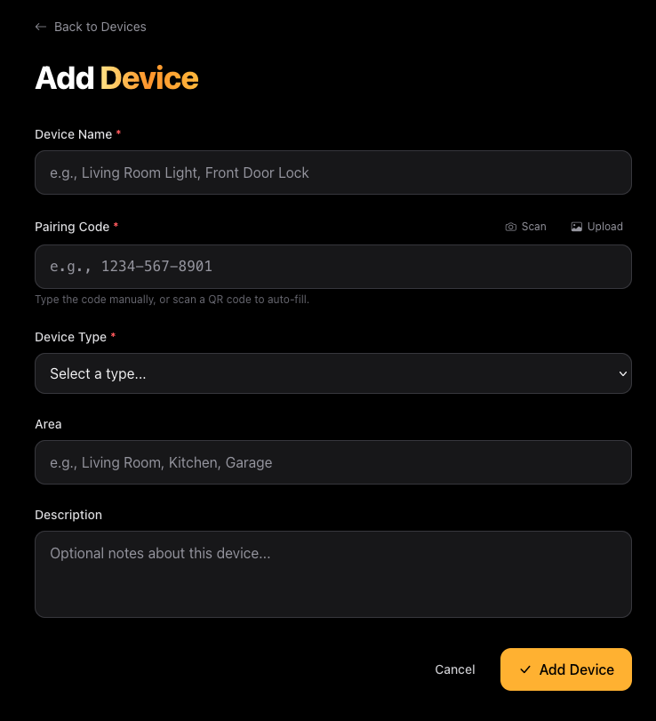 Add Device form
