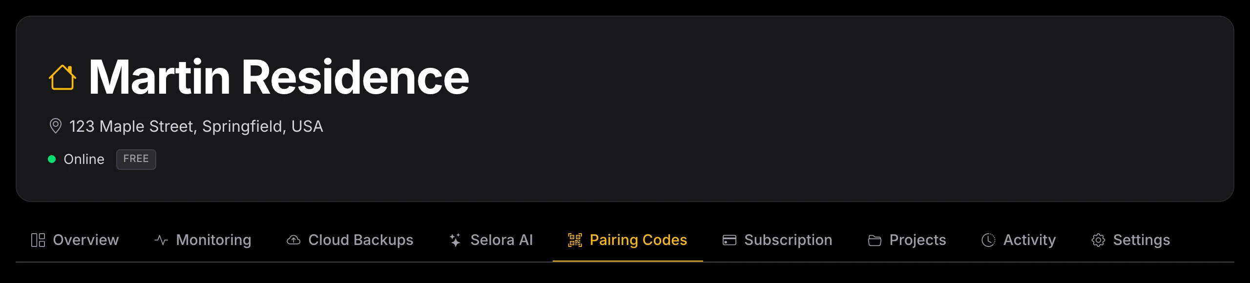 The Pairing Codes tab of a home