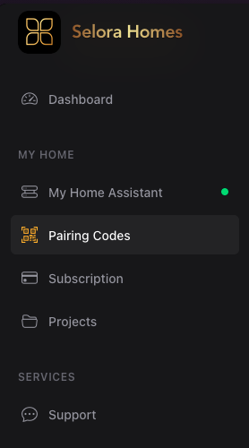 Pairing Codes in the sidebar navigation