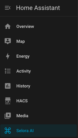Selora AI entry in the Home Assistant sidebar