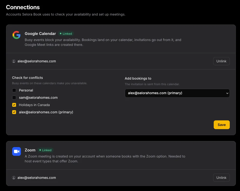 Selora Book connections with Google Calendar and Zoom linked