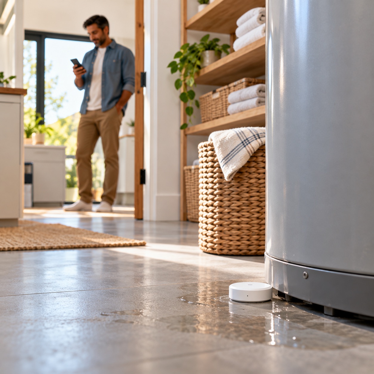 Water leak sensor on a wet floor by the water heater, a man checking the alert on his phone