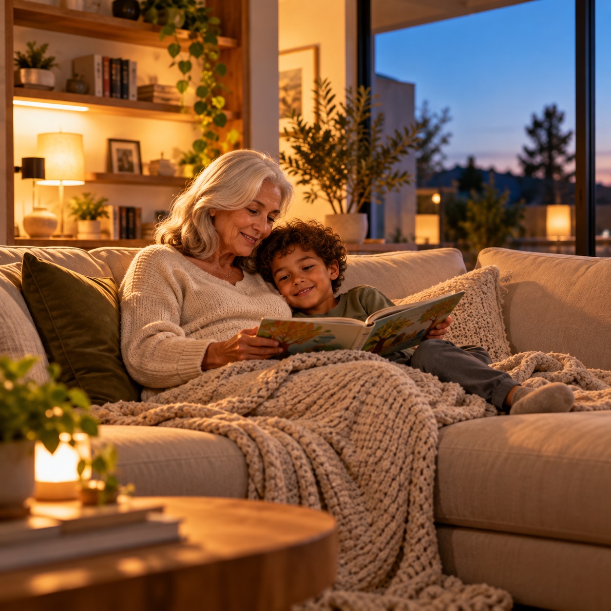 Grandmother reading a picture book to her grandson on the sofa in warm evening light
