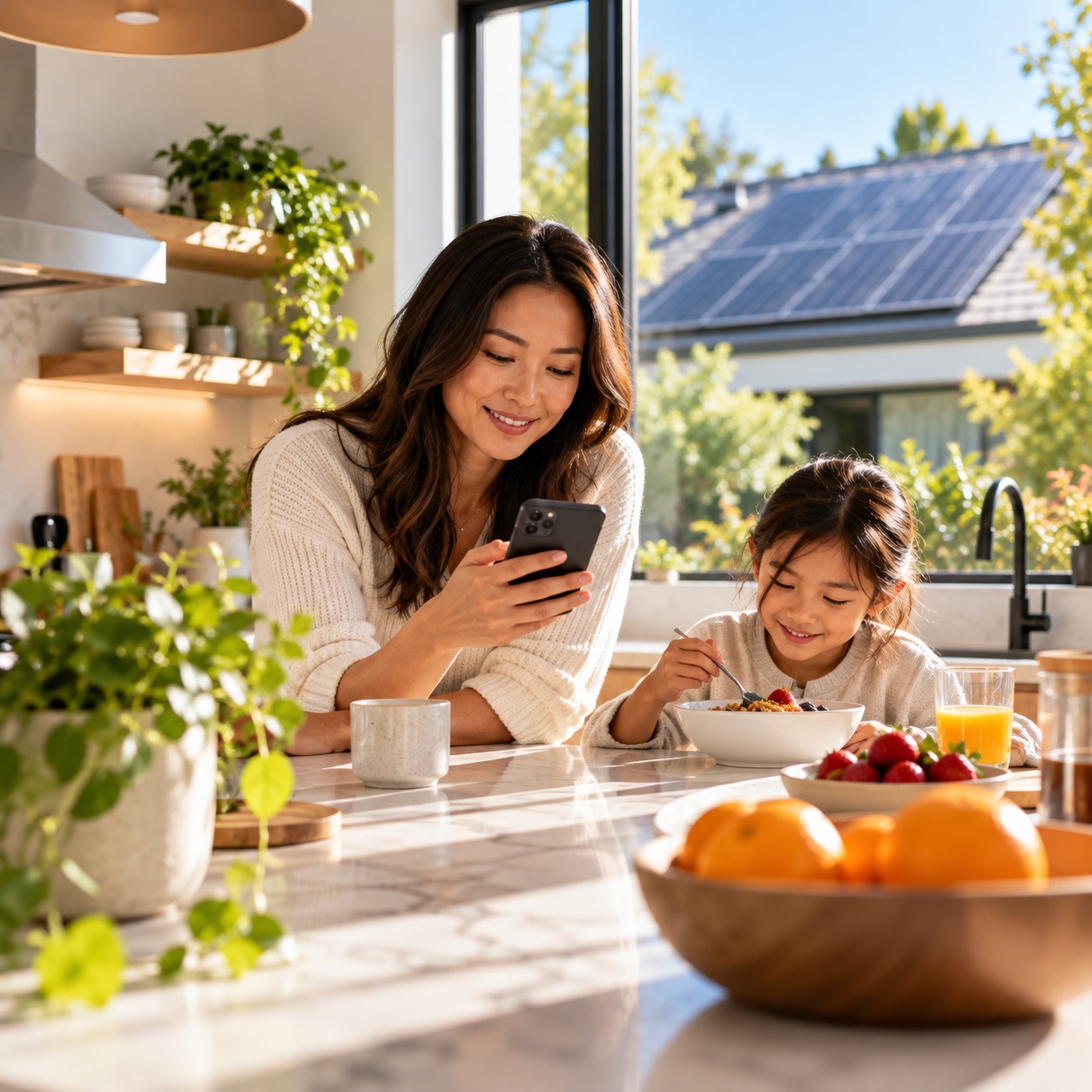 Mother checking her phone at breakfast next to her daughter, solar panels outside the window