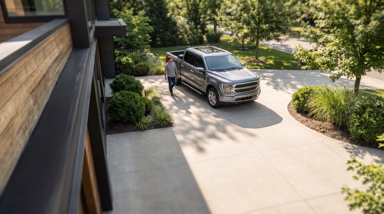 View from a camera above the garage of a man walking from his pickup truck to the house