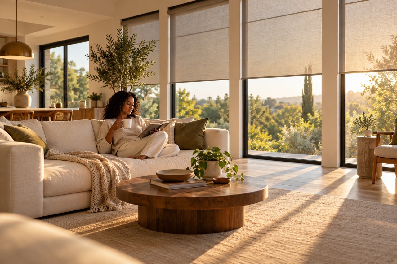 Woman reading with a coffee on her sofa, shades lowered against the late afternoon sun