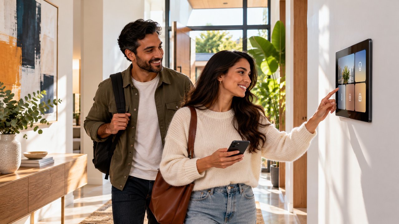 Couple heading out, one tapping the wall panel by the door while holding a phone