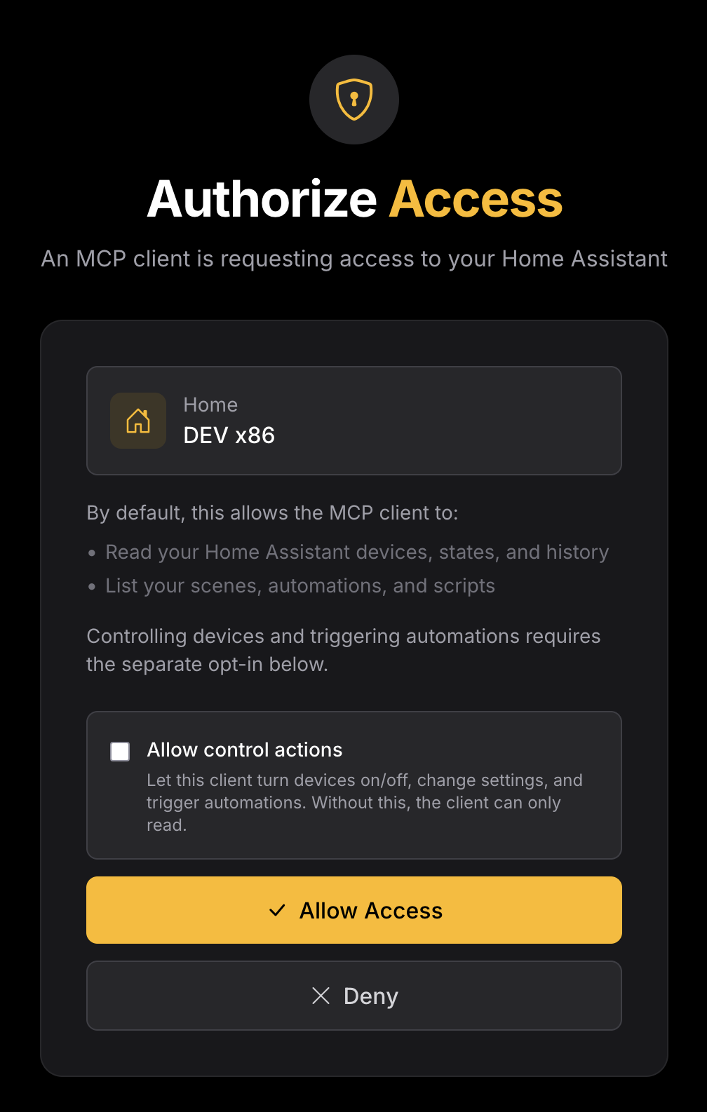 Selora Connect authorization screen with the Allow control actions opt-in