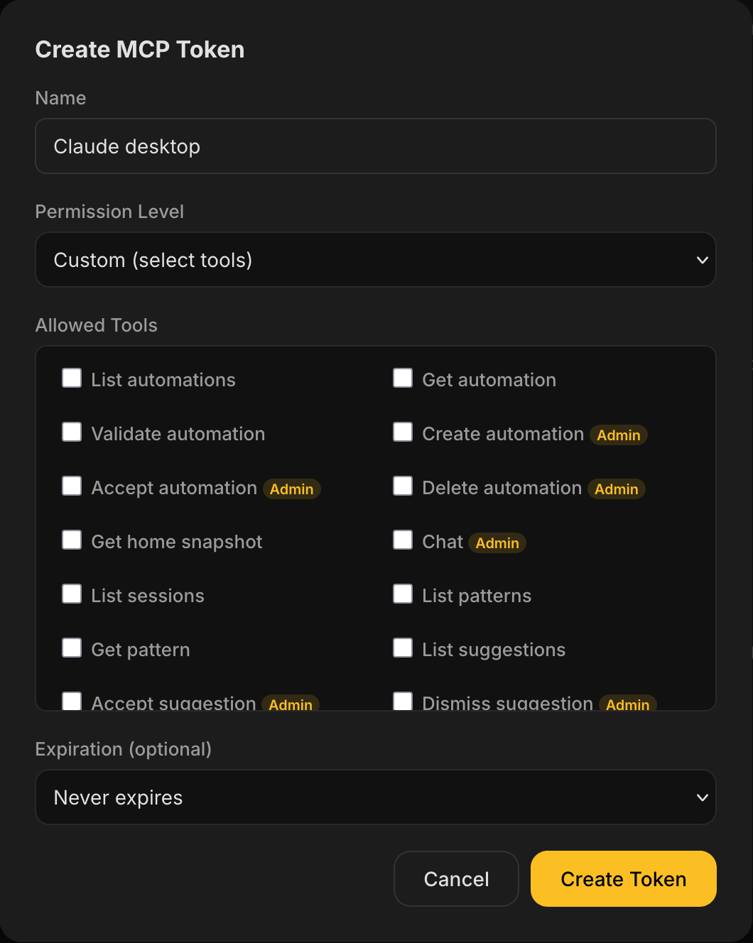 Create MCP Token dialog with custom per-tool selection