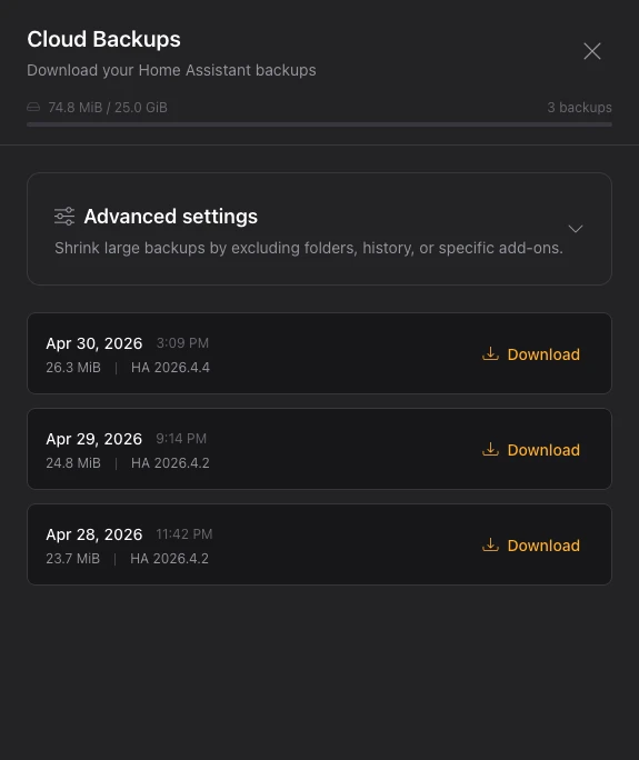Cloud backups of a Selora Hub, listed by date with a download button