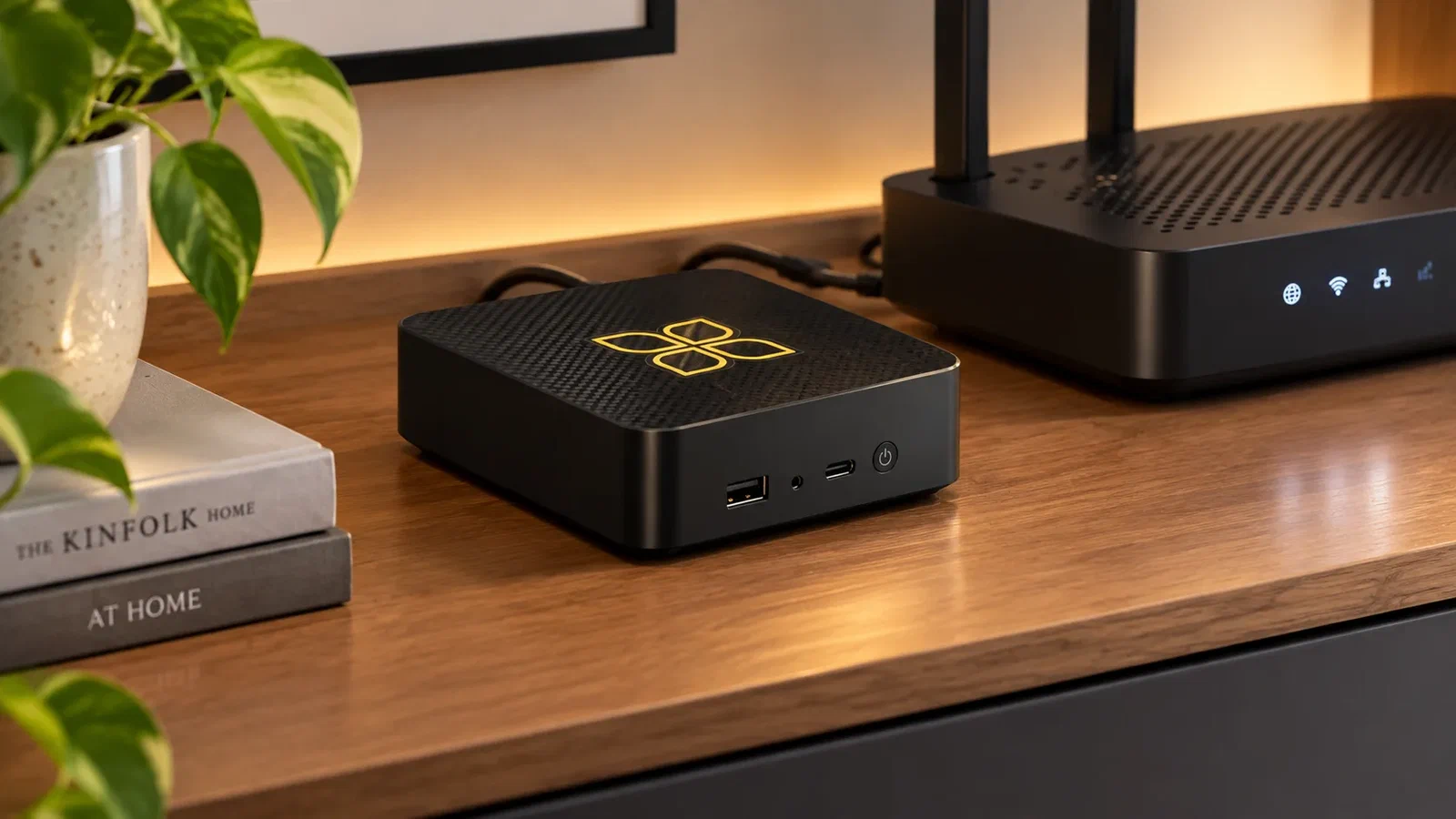 Selora Hub on a living room shelf next to the router