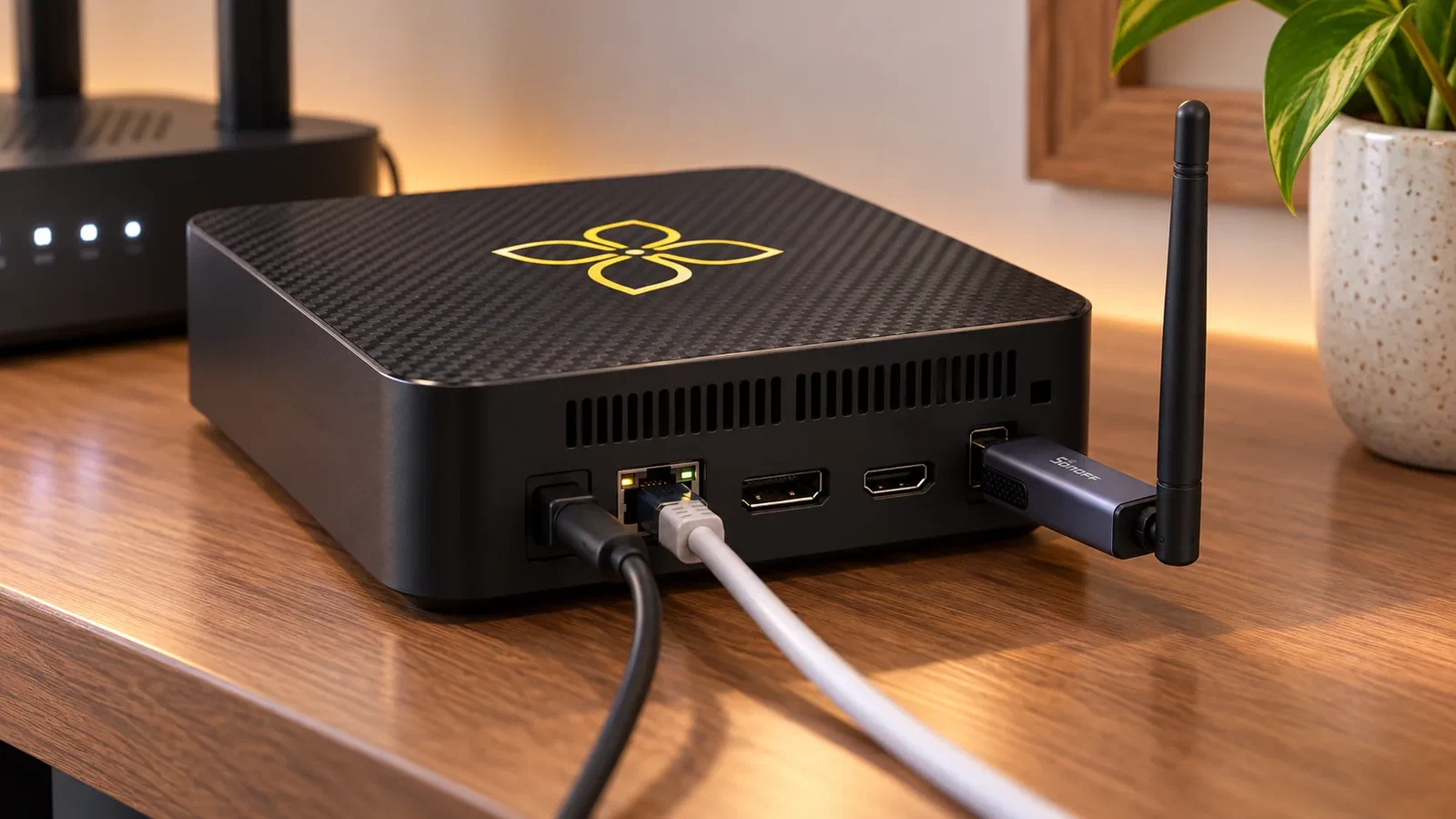 Back of a Selora Hub with Ethernet, power and a Zigbee dongle plugged in